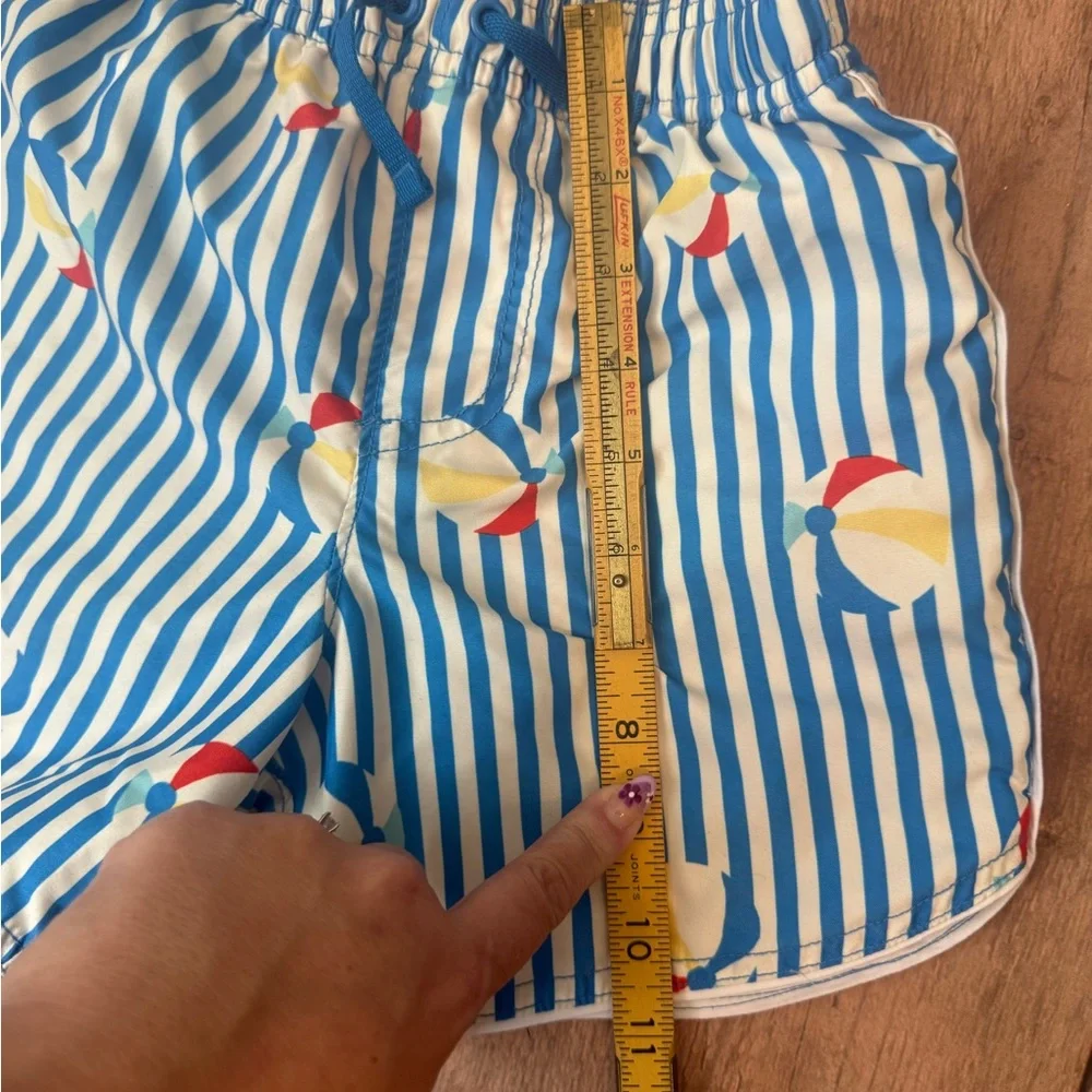 Hanna Andersson Blue & White Striped Swim Shorts with Beach Ball Motif